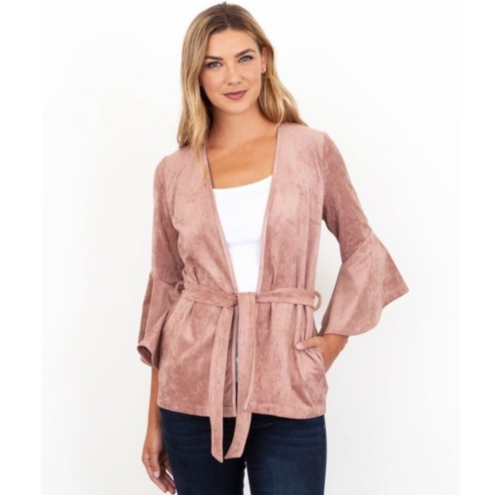 Kut From The Kloth Jacket Womens Size XL Pink Karina Sueded Bell Sleeve Belted - Picture 2 of 15